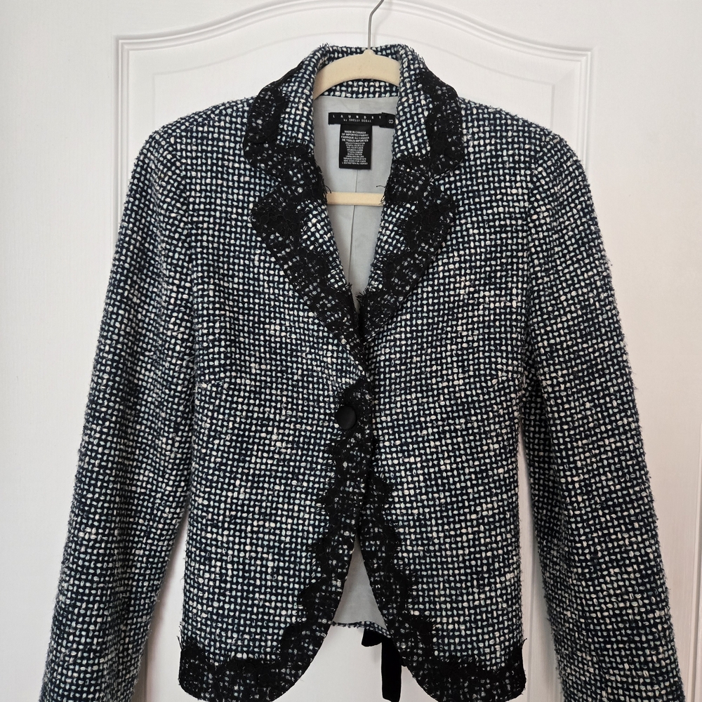 Chinese Laundry Blue Tweed Jacket With Black Lace And Black Velvet Belt